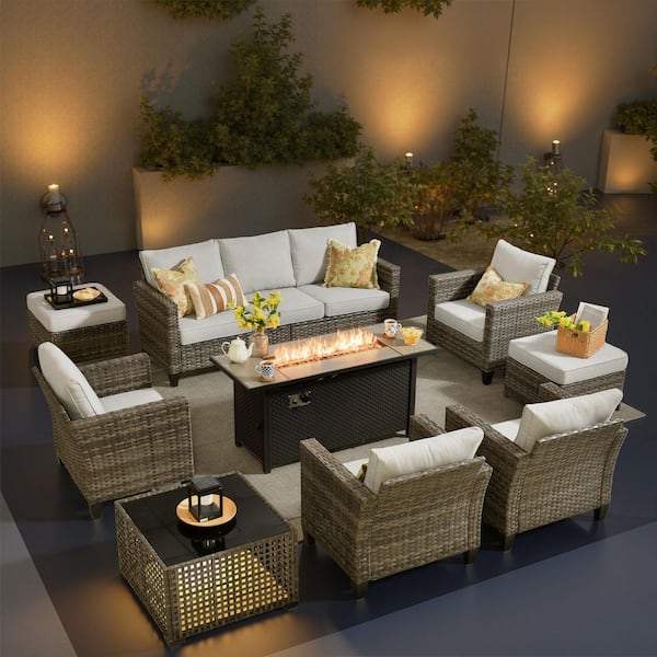 Ironclad 9 Pieces Wicker Outdoor Patio Rectangular Fire Pit Set with Gray Cushions