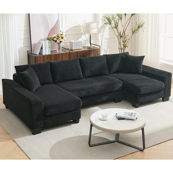 Jorrel Modern 114 in. Corduroy Upholstered U-Shaped Sectional Sofa in Black, 2 in 1 Pull-out Sofa Bed with Pillows