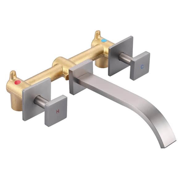 Waterfall Double Handle Wall Mounted Bathroom Faucet with Rough in Valve and Knob Handle in Brushed Nickel