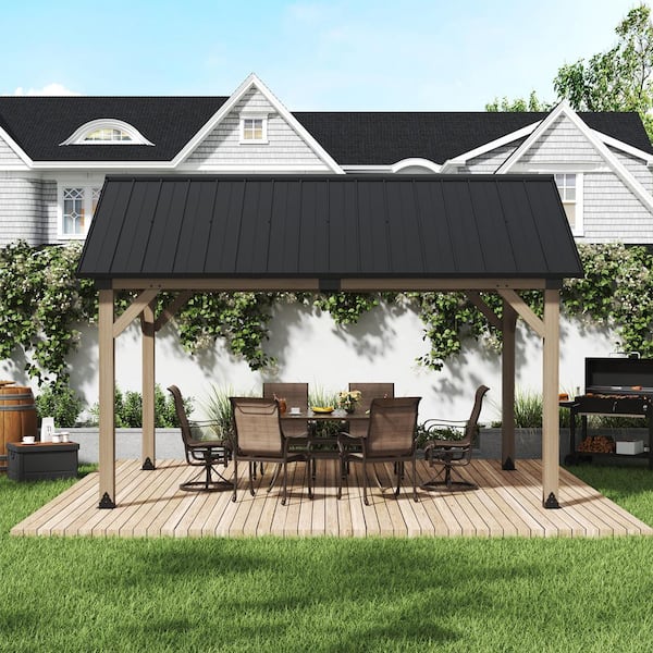 12 ft. x 14 ft. Outdoor Cedar Wood Frame Hardtop Gazebo with Galvanized Steel Gable Roof and Ceiling Hook
