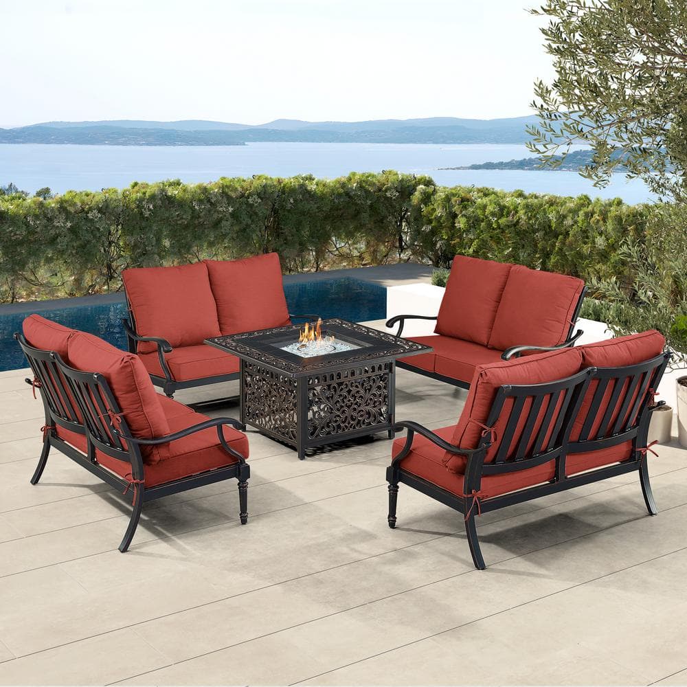 Oakland Living Black 5Piece Aluminum Patio Fire Pit Set with Red