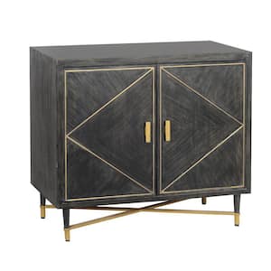 Rustic Style Gray and Gold Mango Wood Cabinet with Dual Door Storage