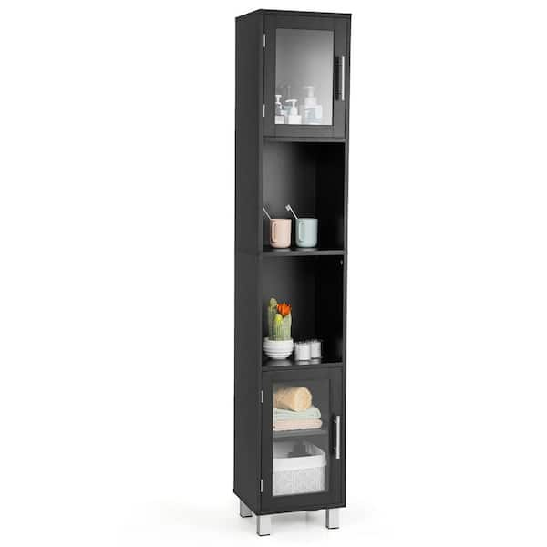 Tall Narrow Bathroom Storage Cabinet with Doors in Black