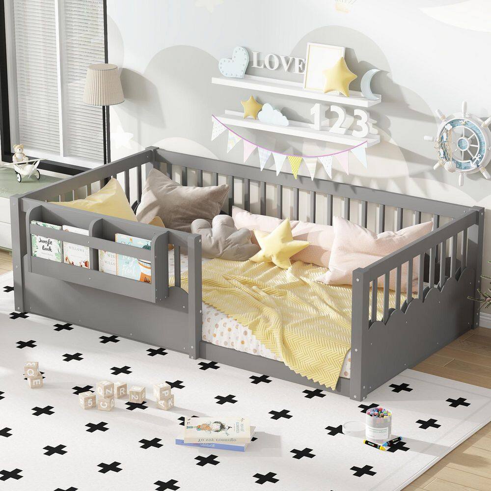 Gray Twin Size Kids Bed with Heightened Fence and Bookshelf