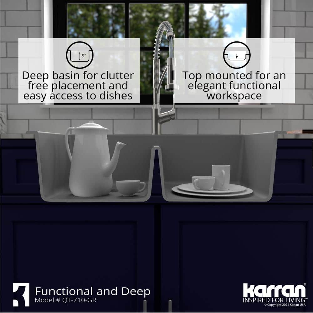 Gray Quartz 33'' Double Bowl Farmhouse Kitchen Sink Kit