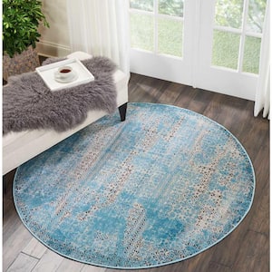 Karma Blue 5 ft. x 5 ft. Damask Traditional Round Persian Vintage Area Rug