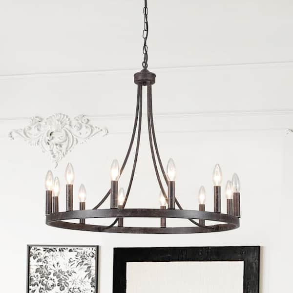 12-Light Vintage Brown Wagon Wheel Chandelier for Living Room Dinning Room with No Bulbs Included