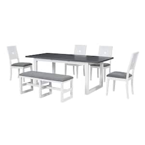 Modern 6-Piece White and Dark Gray Rectangle Wood Top Dining Set 18 in. Butterfly Leaf, 4-Upholstered Chairs and Bench