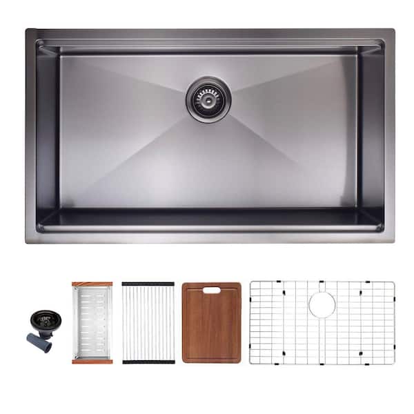 Boosicavelly 32 in. Undermount Single Bowl 18 Gauge Black Stainless Steel Kitchen Sink with Accessories