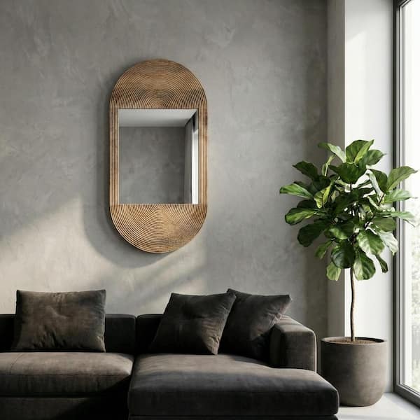Brown 34 in. x 18 in. Wood Oval Framed Mirror