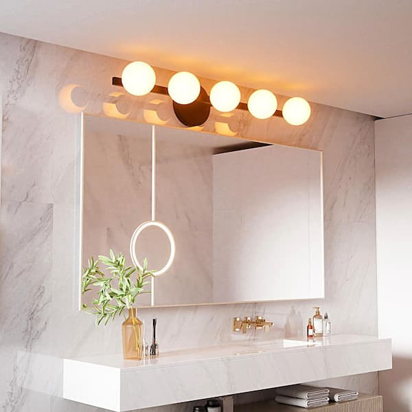 31 in. 5 Light Globe Bathroom Vanity Light Black Bathroom Light Fixture with 5-Pieces Waterproof Shades G9 Bulb Included