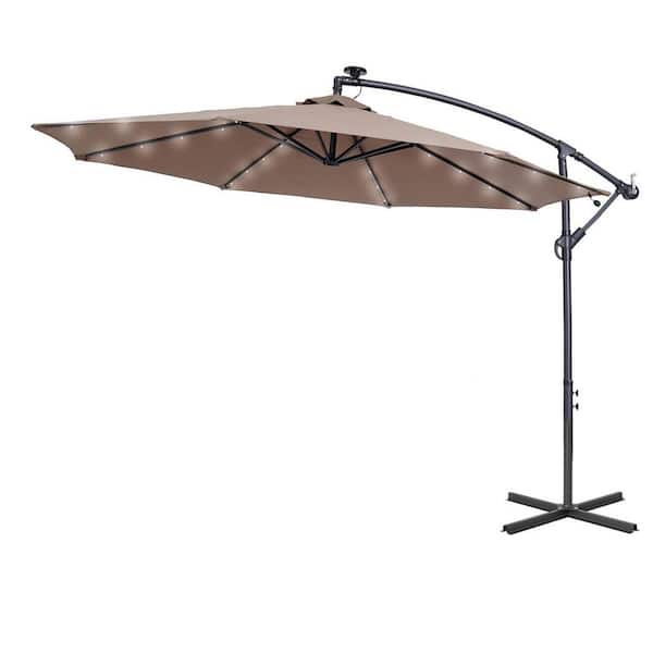 Kadehome 10 ft. Steel Pole Octagon Cantilever Solar LED Lights Patio Umbrella in Taupe with Stand and without Base