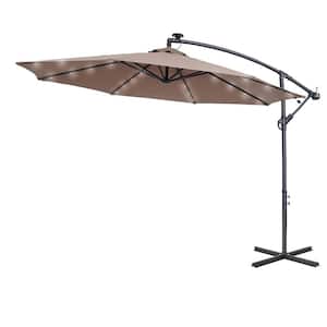 10 ft. Cantilever Solar LED Lights Round Patio Umbrella with Crank in Taupe