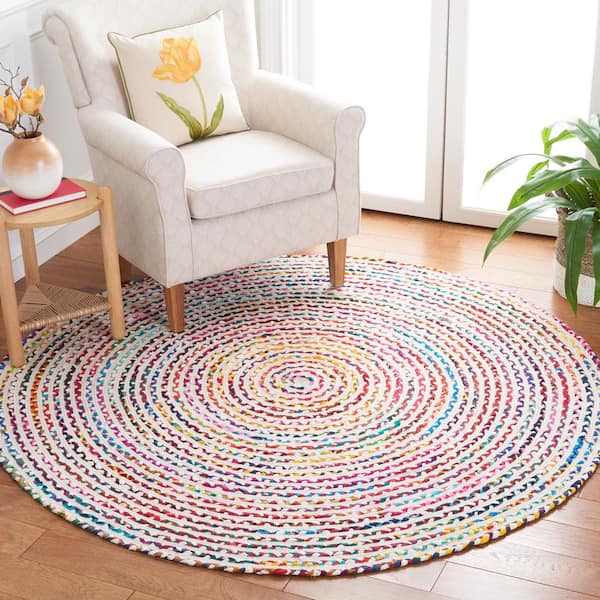 Braided Ivory Multi 6 ft. x 6 ft. Border Striped Round Area Rug