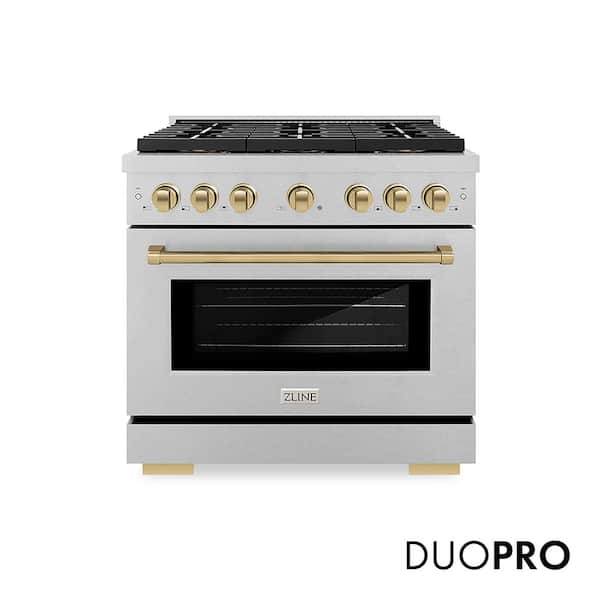 Autograph 36 in. 5.2 cu. ft. Dual Fuel Range with 6 Burner DuoPro Cooktop in Satin Stainless Steel and Champagne