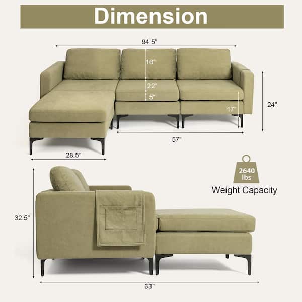 94.5 in. Width Modular Lint Fabric L-Shaped Sectional Sofa with Reversible Chaise and 2-USB Ports Green
