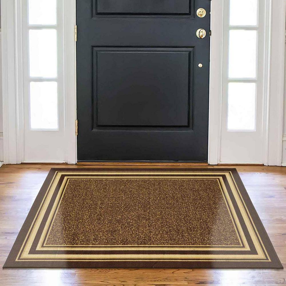 Brown and Beige Bordered Non-Slip Synthetic Area Rug