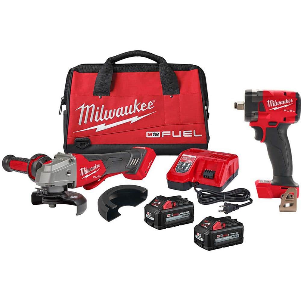 Milwaukee M18 FUEL 18V Lithium-Ion Brushless Cordless 4-1/2/5 in. Grinder, Paddle Switch Kit, 1/2 in. Impact Wrench & 2 Batteries -  2882-22-2855