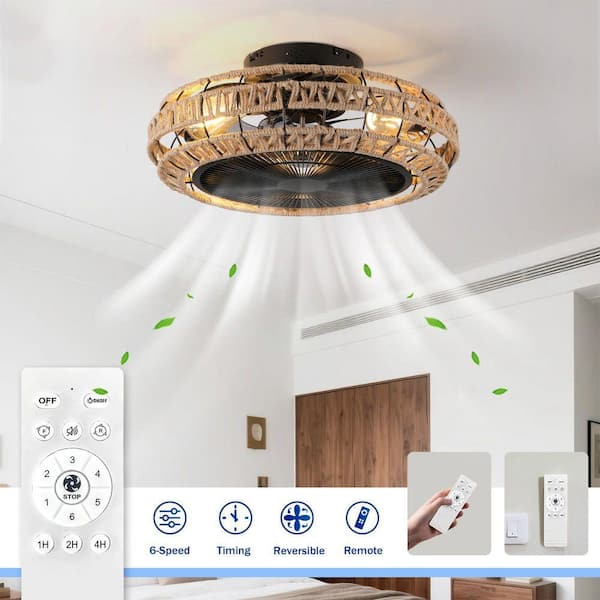 20 in. Vintage Rope Flush Mount Ceiling Fan with Light, Remote Control, 6-Speed Adjustable Airflow (Bulbs Not Included)