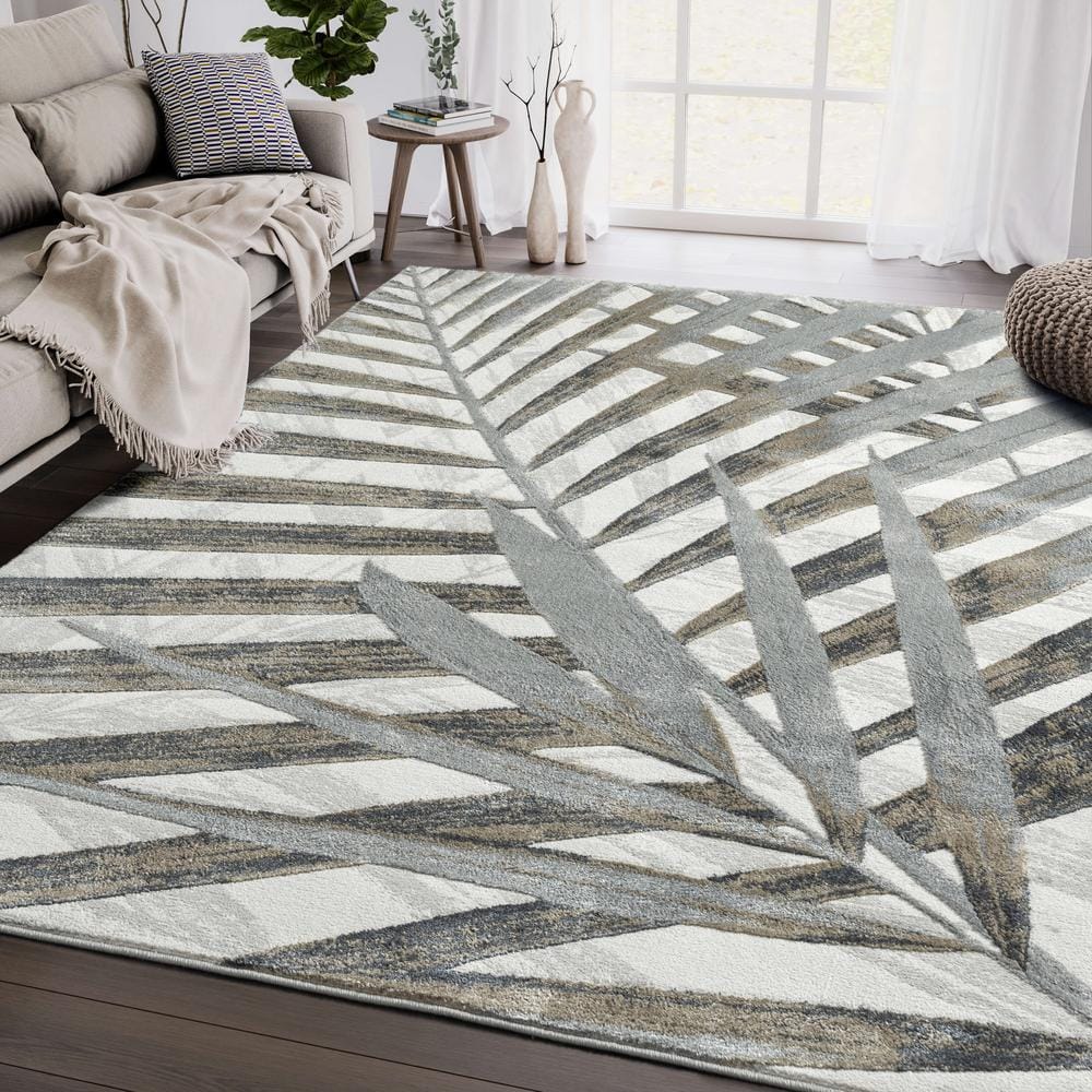 Gray and Brown Floral Palm Leaves Synthetic Area Rug, 5'3" x 7'6"