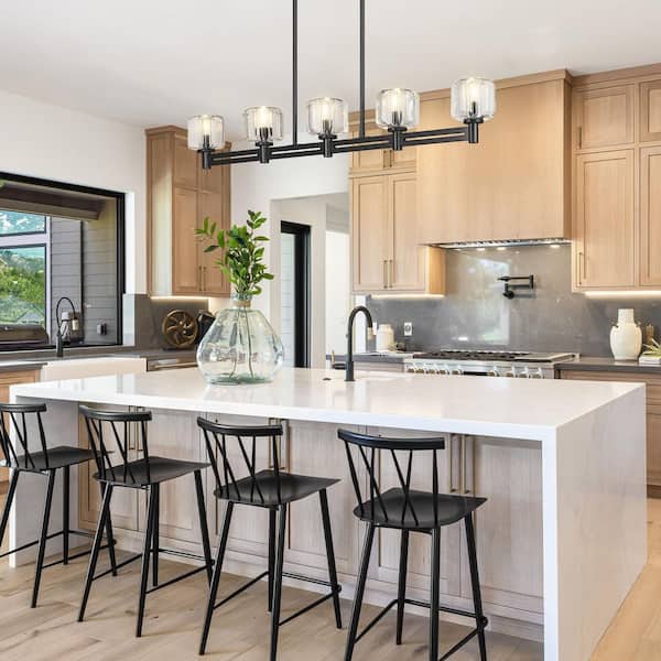 54 in. 5-Light Black Farmhouse Linear Chandelier with Crystal Lampshade for Dining Room, Living Room and Kitchen Island