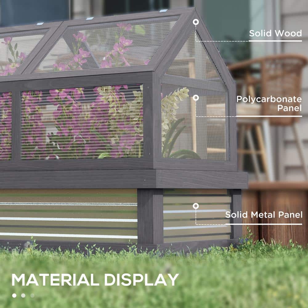 Gray Fir Wood Raised Garden Bed with Polycarbonate Greenhouse