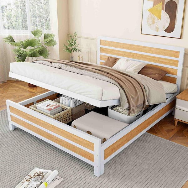 White Metal Frame Queen Size Platform Bed with Underneath Storage