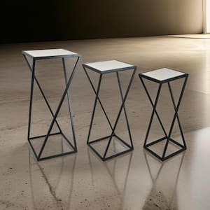 27.5 in. Black and White Square Tile Plant Stand with 1-Tier (Set of 3)