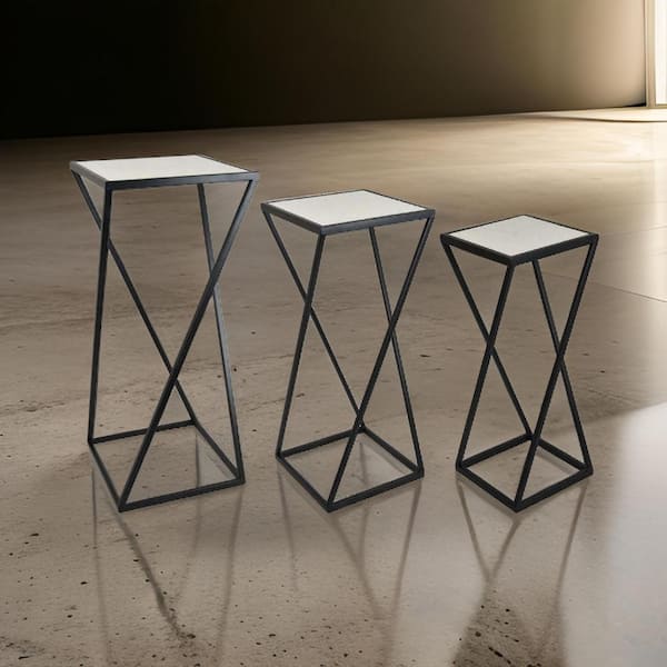 Benjara 27.5 in. Black and White Square Tile Plant Stand with 1-Tier (Set of 3)