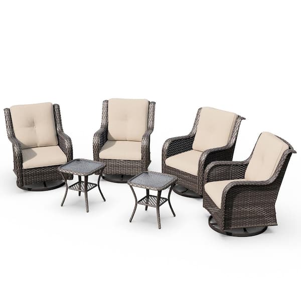 6-Piece Swivel Wicker Patio Conversation Set Rocking Chairs with Beige Cushions