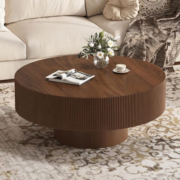 35.4 in. Walnut Elegant Round MDF Coffee Table with 8.5 in. Thick Tabletop, Fluted Drum End Table with Sturdy Base