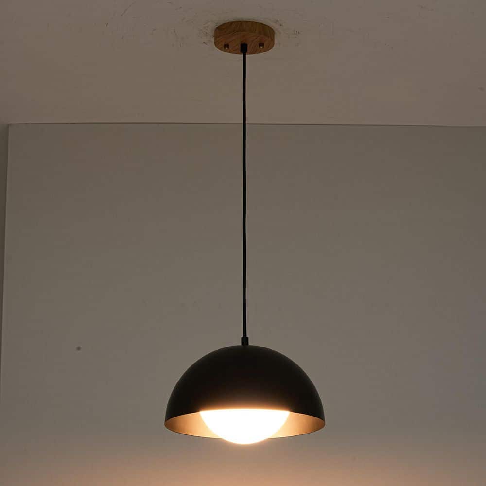 Virell 11.8 in. 1-Light Matte Black Modern Dome Single Pendant Light with Opal Glass Globe and Wood-Grain Canopy price history on PriceWatchPro