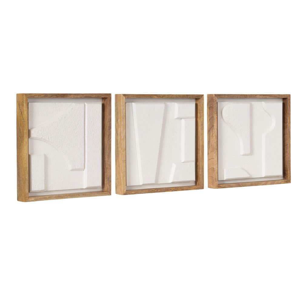 Yukiah 3-Piece White and Natural Wood Geometric Wall Art Set