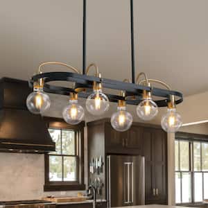Industrial 6-Light Black Linear Glass Globe Chandelier Rectangle Chandelier for Kitchen Island with No Bulbs Included