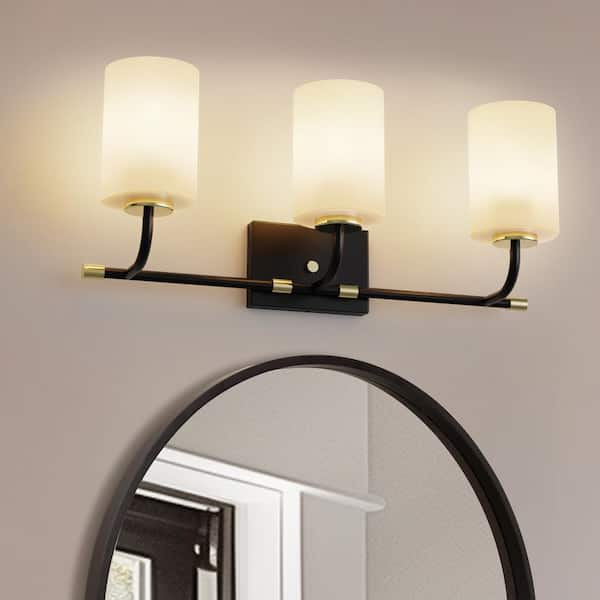 YANSUN 24 in. 3-Light Black Vanity Light with White Cylinder Glass Shades for Bathroom, Living Room, Entryway