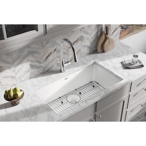 Quartz Classic White Quartz 33 in. Single Bowl Undermount Kitchen Sink with Bottom Grid and Drain