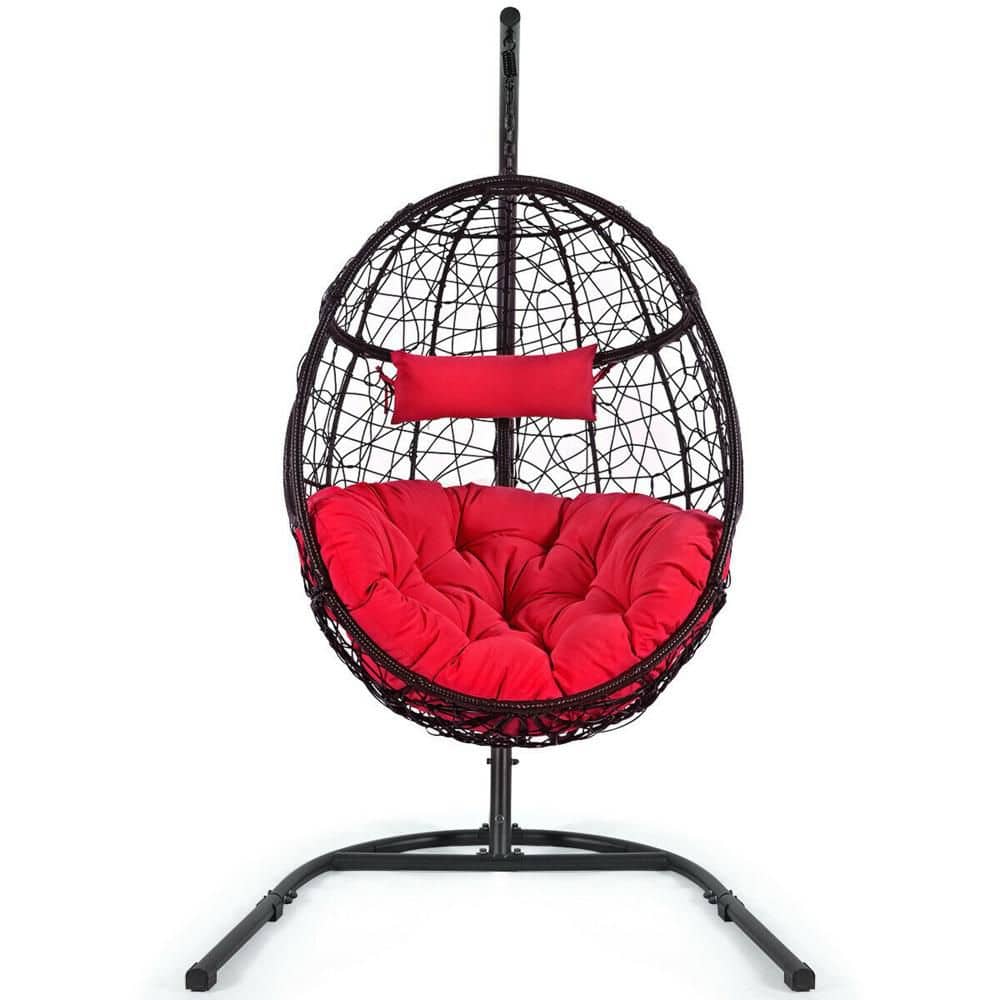Hanging Hammock Chair Egg Swing Chair w/ Red Cushion Pillow Stand