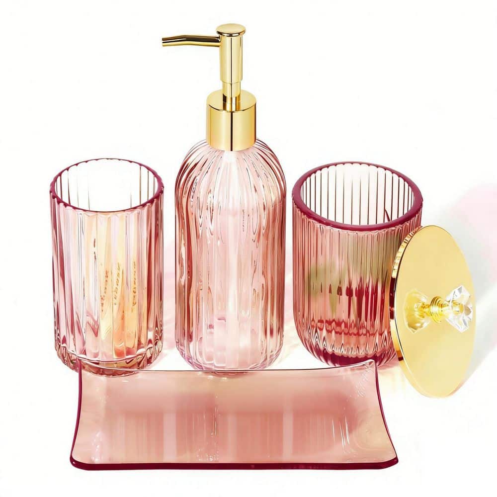 4-Piece Bathroom Accessory Set with Soap Dispenser, Toothbrush Holder, Vanity Tray and Apothecary Jar in Pink price history on PriceWatchPro