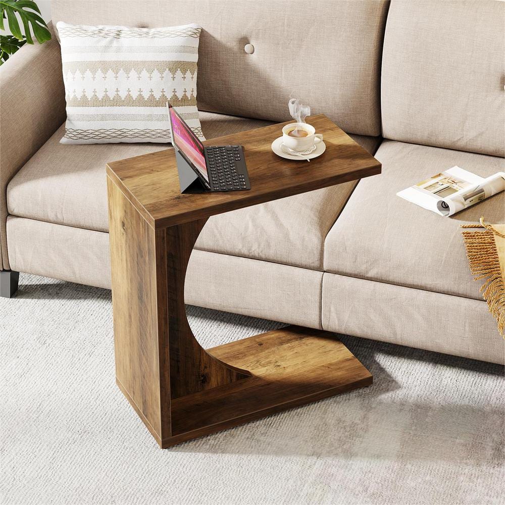 Kerlin 23.62 in. Rustic Brown C-Shaped Wood End Table for Small Space, Sofa Side Table Couch Table for Home Office - thumbnail 2