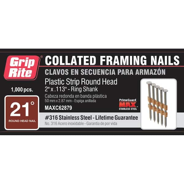 Grip-Rite 2 in. x 0.113 in 21° Plastic Colalted 316 Stainless Steel Ring Shank Round-Head Framing Nails (1000 per Box)