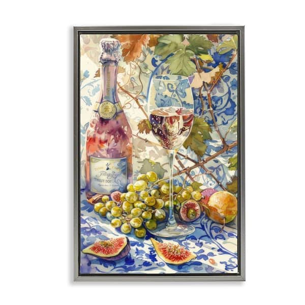 Grapes & Wine Bottle by LSR Design Studio Gray Floater Frame Food Graphic Art Print 31 in. x 21 in.