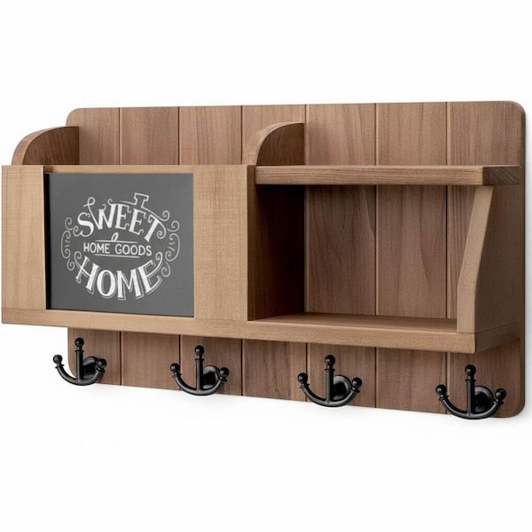 16 in. W x 3.2 in. D Brown Wood Decorative Wall Shelf Mail Organizer Wall Mount with Chalkboard & Sayings