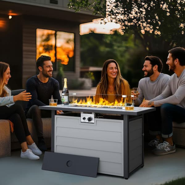 43 in. Rectangle Metal and Glass Propane Gas Ivory White Fire Pit Table with Lid Glass Beads Cover and Wind Guard