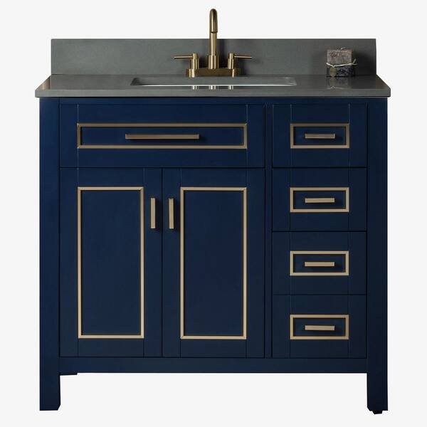 WOODBRIDGE Millan 37 in.W x 22 in.D x 38 in.H Bath Vanity in Navy Blue with Dark Gray Engineered stone Vanity Top with White Sink