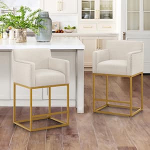 Luna 26 in. Linen Fabric Upholstered Counter Bar Stool with Golden Metal Frame Square Counter Stool Set of 2