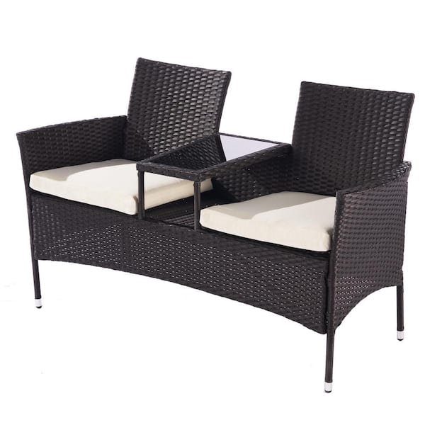 Afoxsos Brown Rattan Wicker Outdoor Loveseat Set With Table HDSA08OT042 ...