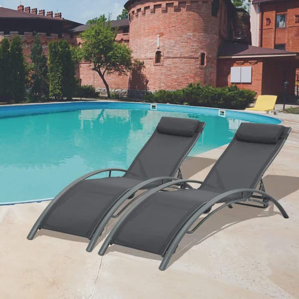 Unbranded Gray Adjustable Recliner Aluminum Frame Outdoor Chaise Lounge Chair, with Headrest, for Sunbathing On Beach Backyard