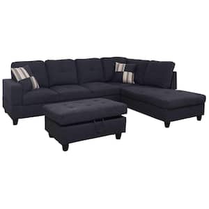 3-Piece Jet Black Linen 4-Seater L-Shaped Left-Facing Chaise Sectional Sofa with Ottoman