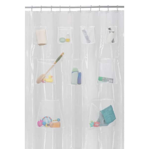 Grey Mesh Pockets PEVA Shower Curtain/Liner and Bath Organizer 