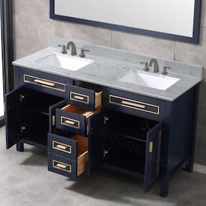 Millan 61 in.W x 22 in.D x 38 in.H Bath Vanity in Navy Blue with Marble Vanity Top in White with White Sink